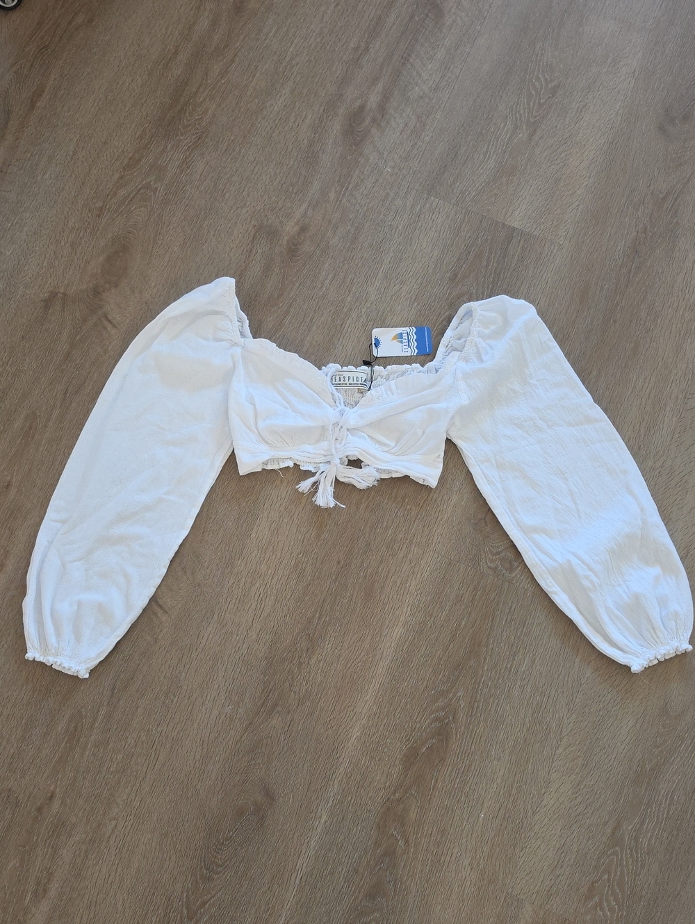 NWT Seaspice Resort Wear White Peasant Tie-Front Crop Top Small